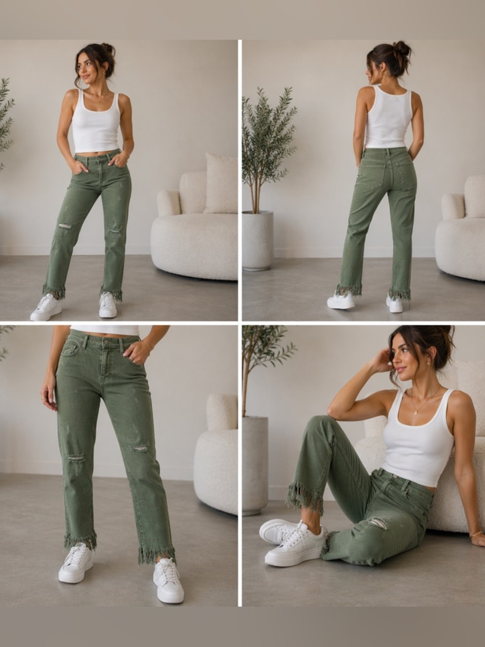Free People Olive Green Distressed Jeans Frayed Hem Size 25 Boho Raw Hem - Picture 2 of 9